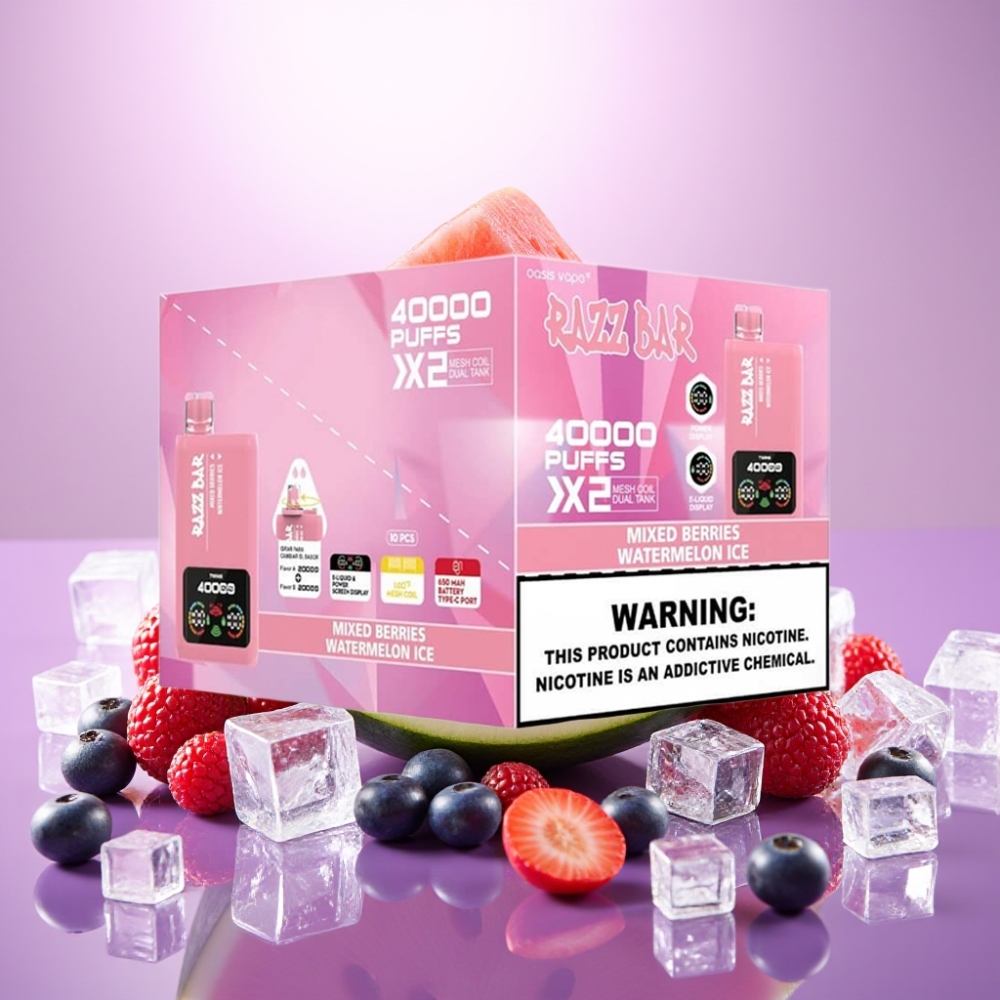 Razz Bar 40000 Puffs Disposable Vape JAUKTAS OGAS & ARBŪZU LEDUS 1.0Ω×2, 650mAh