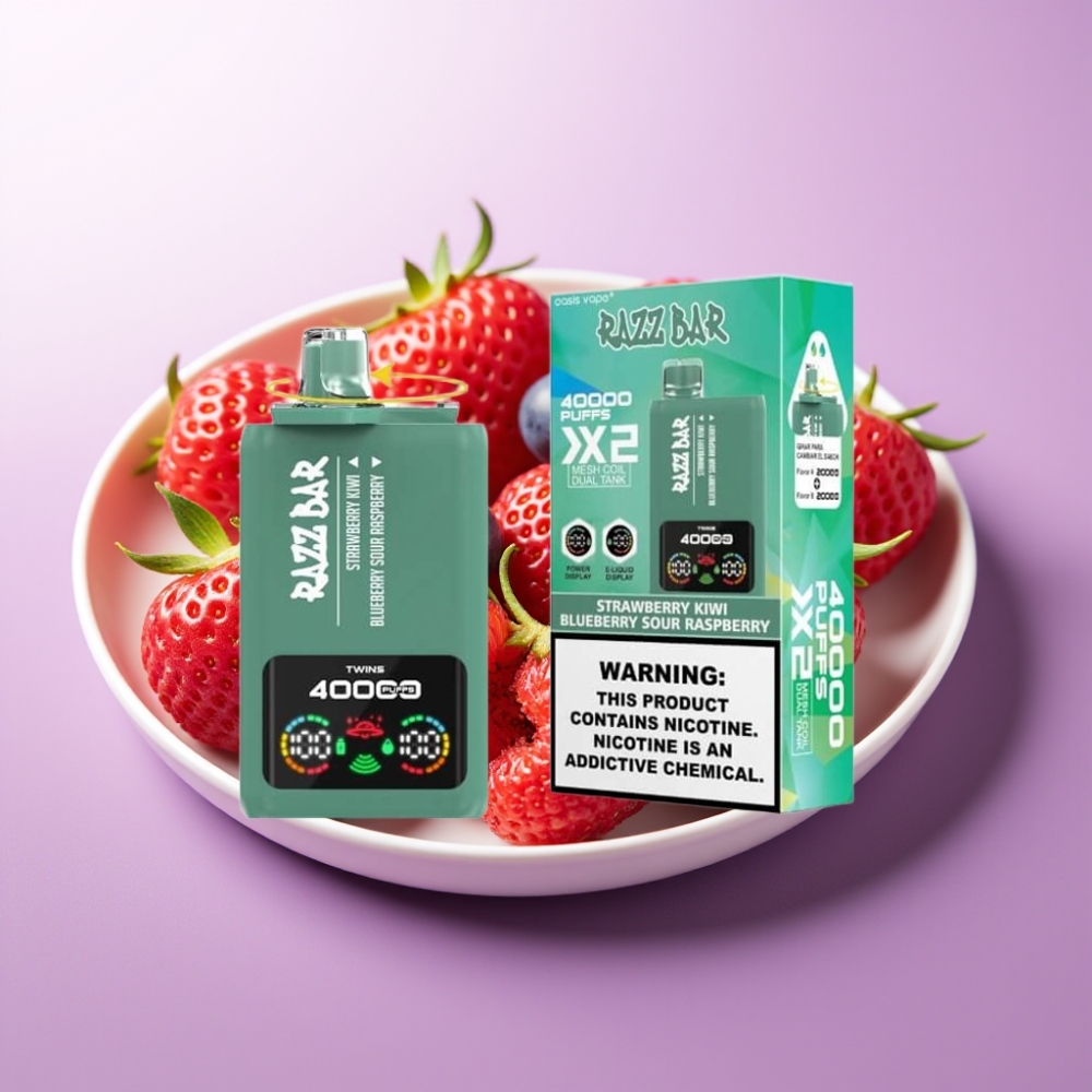 Razz Bar 40000 Puffs Disposable Vape ZEMENEĻU KIWI & ZILĀ OGA SKĀBS AVEŅU, 40000 Puffs, 1.0Ω×2, Type-C