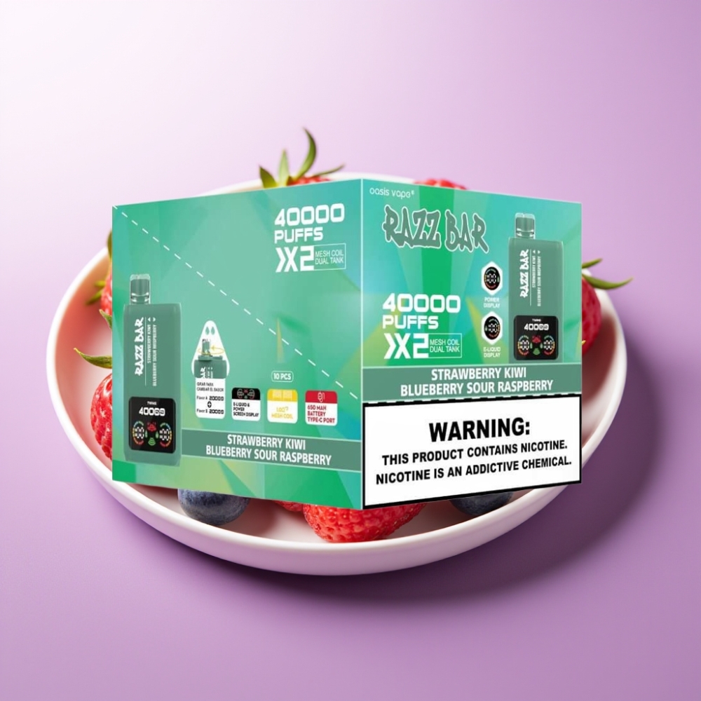 Razz Bar 40000 Puffs Disposable Vape ZEMENEĻU KIWI & ZILĀ OGA SKĀBS AVEŅU, 40000 Puffs, 1.0Ω×2, Type-C