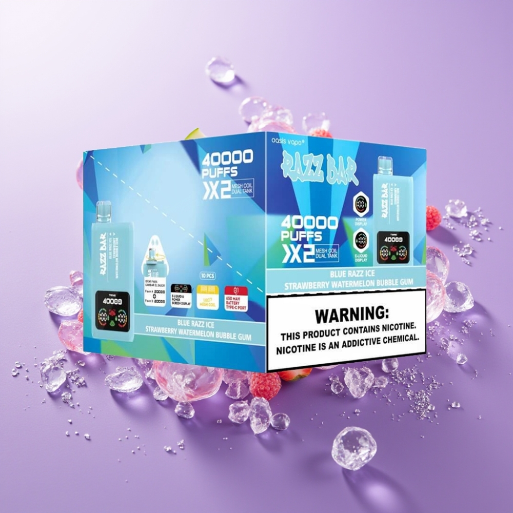Razz Bar 40000 Puffs Disposable Vape ZILĀ AVENE LEDUS-ZEMENE ARBŪZS BURBUJŅU GUMIJA, 40000 Puffs, 1.0Ω×2, Type-C