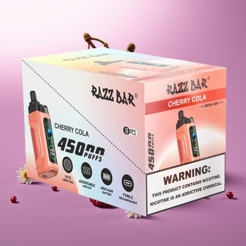 Razz Bar 45000 Puffs Disposable Vape Kiršu Kola, 1.0 Ohm, 650 mAh