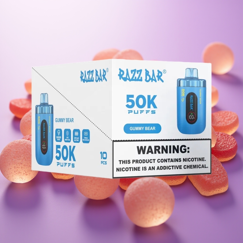 Razz Bar 50K Puffs Disposable Vape Gumijlāču garša, 50000 Puffs, 2% Nikotīna