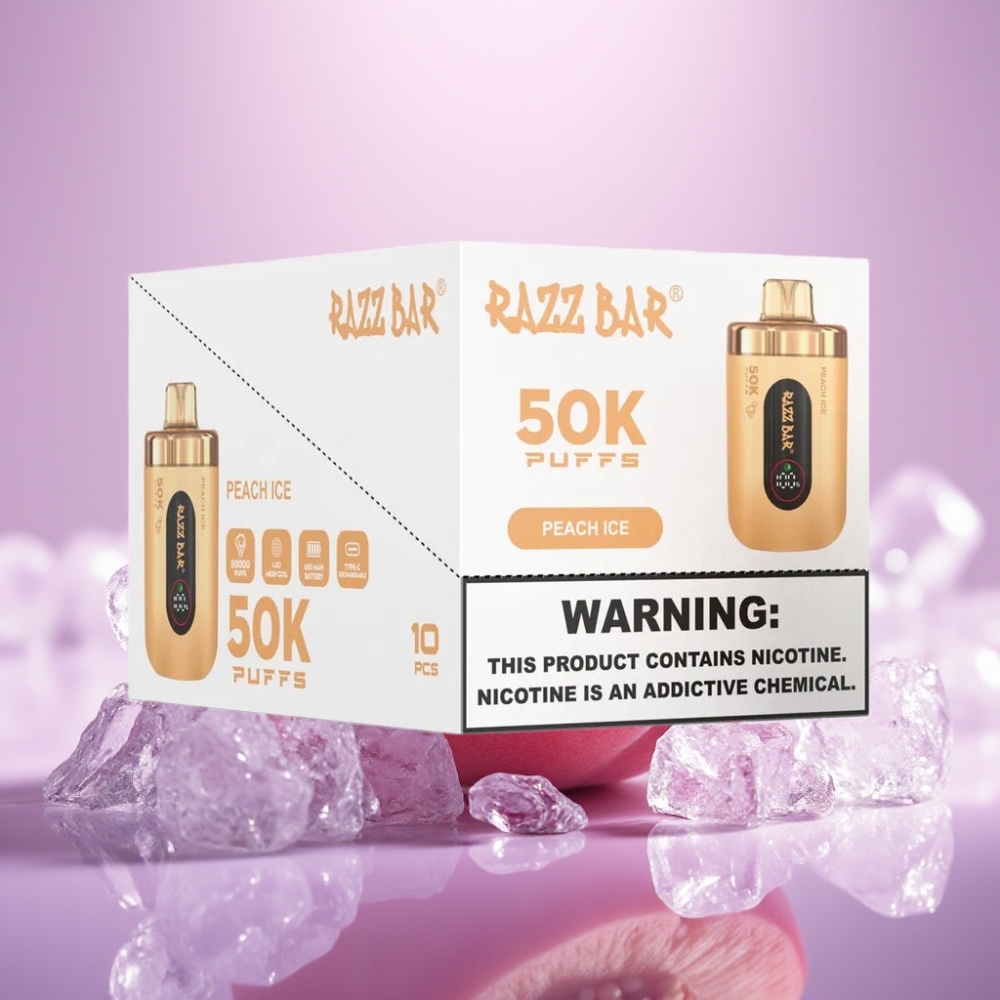 Razz Bar 50K Puffs Disposable Vape Persiku Ledus, 50000 Puffs, 2% Nikotīns