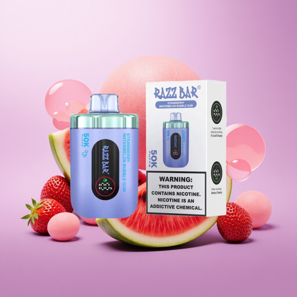 Razz Bar 50K Puffs Disposable Vape Zemeņu Arbūzu Pūšķeņu Guma, 50000 Puffs, 2% Nikotīna
