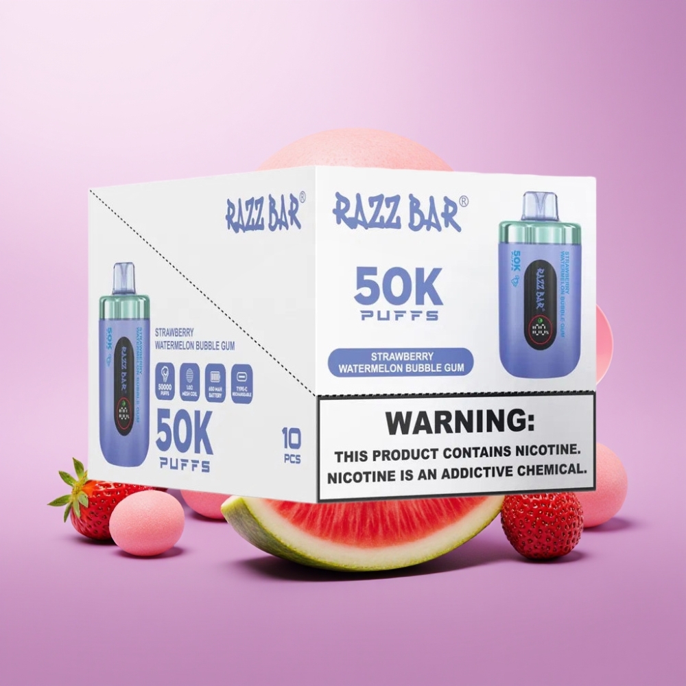 Razz Bar 50K Puffs Disposable Vape Zemeņu Arbūzu Pūšķeņu Guma, 50000 Puffs, 2% Nikotīna
