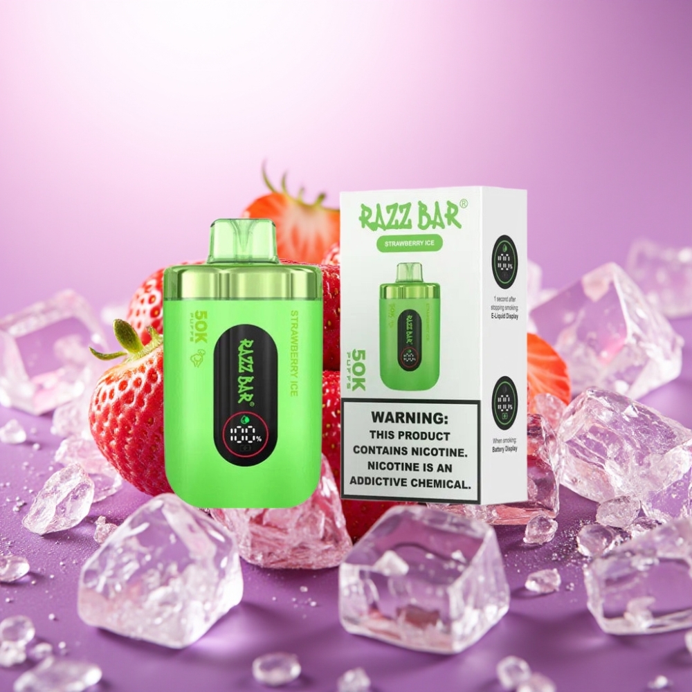 Razz Bar 50K Puffs Disposable Vape Zemeneņu Ledus, 50000 Puffs, 2% Nikotīna