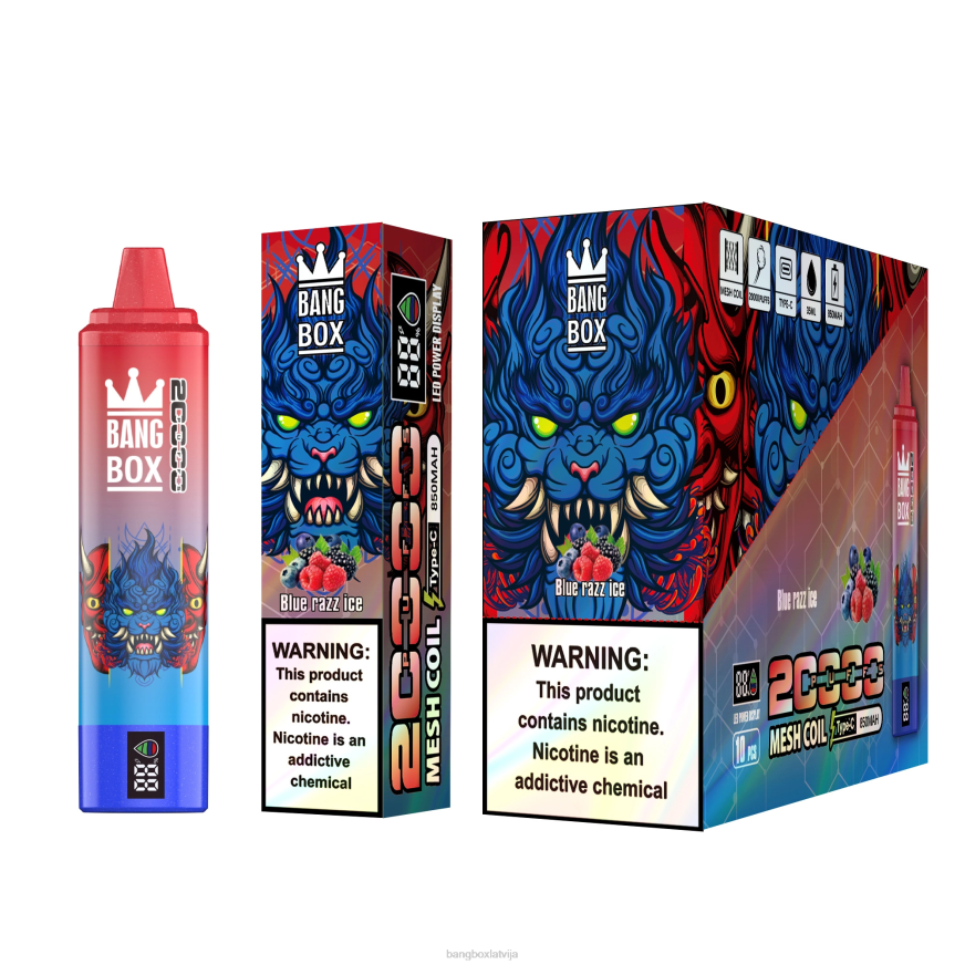 Bang Box Vape Cena - Bang Box 20000 uzpūtienu viedais ekrāns L20259 zils razz ledus