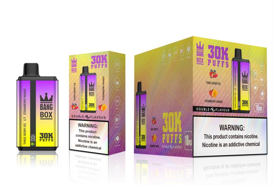Bang Box Vape Cena - Bang Box 30 000 uzpūtienu dubultās garšas L20267 trīs ogu ledus un zemeņu mango